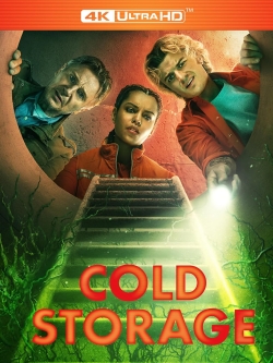 Movie poster for 'Cold Storage' featuring three characters looking down a dark well, illuminated by a flashlight, with green vines visible.