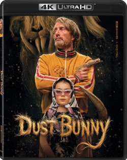 DVD cover of the movie 'Dust Bunny', featuring a man with a serious expression, wearing a colorful track jacket, and a girl in a headscarf with oversized sunglasses. A lion's head is depicted in the background.