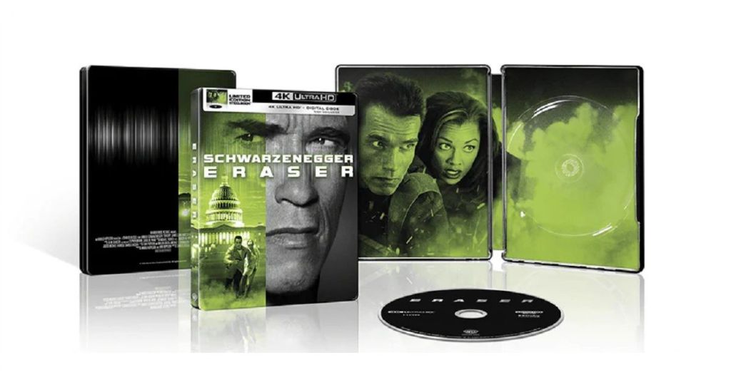 4K Ultra HD Blu-ray case for the movie 'Eraser' featuring Arnold Schwarzenegger, with an image of the Capitol building and a green color scheme.