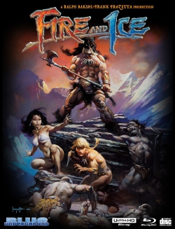 Cover art for the animated film 'Fire and Ice' featuring characters in a fantasy landscape, with a strong warrior holding a weapon, a woman beside him, and other figures in the background, showcasing a dramatic clash between fire and ice themes.