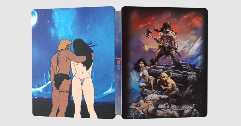 An illustration featuring two characters embracing against a blue background on the left, and on the right, a scene depicting a muscular warrior with a weapon standing on a rocky terrain surrounded by other characters in a dramatic, colorful setting.