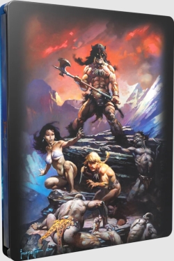 A powerful warrior stands atop a rocky outcrop, holding an axe, with a dramatic sky in the background. A woman and a blond man are crouched beside him, while defeated foes lie at their feet.
