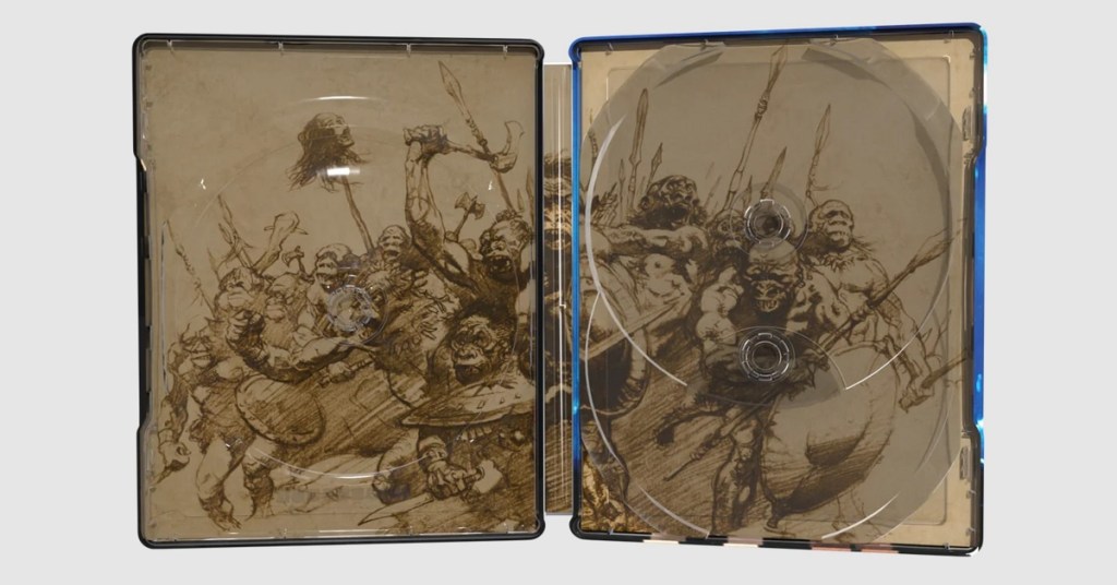 An open DVD case showcasing detailed artwork of warriors in battle, with a focus on their fierce expressions and various weapons, including spears and shields.