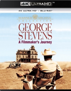 Cover of the 4K Ultra HD and Blu-ray release of 'George Stevens: A Filmmaker's Journey,' featuring a cowboy figure overlooking a western landscape with a historical building in the background.