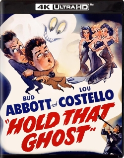 DVD cover of the movie 'Hold That Ghost' featuring Bud Abbott and Lou Costello, with a ghostly figure in the background and two women in elegant dresses.