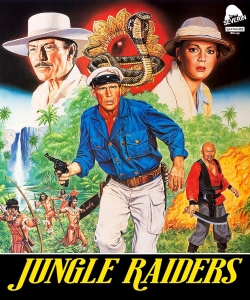 Movie poster for 'Jungle Raiders' featuring a male protagonist in blue shirt and white pants, holding a gun in a jungle setting. In the background, images of two characters, a man in white hat and a woman, along with jungle scenery and indigenous figures.