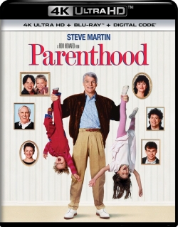 Cover art for the movie 'Parenthood' featuring Steve Martin, holding two children upside down with photos of other cast members in the background.
