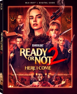 Cover art for the movie 'Ready or Not 2: Here I Come' featuring dramatic imagery of characters, with a prominent title and a Blu-ray + digital code label.