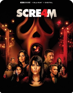 Cover art for the movie 'Scream 4' featuring a cast of characters against a dark background with a ghost face mask and spooky lighting.