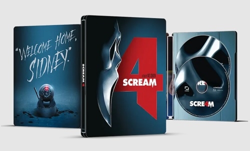 Steelbook case for the movie 'Scream 4', featuring the iconic Ghostface mask on the front and a quote 'Welcome Home, Sidney.' alongside a graphic of a sinister snowman. The inside displays two DVDs with the movie title.