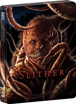Cover art for the movie 'Slither', featuring a monstrous creature with multiple tentacles and a grotesque facial expression, set against a dark background.