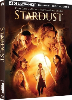 Cover of the movie 'Stardust' featuring main characters with dramatic poses and a mystical background, highlighting the title and actor names.