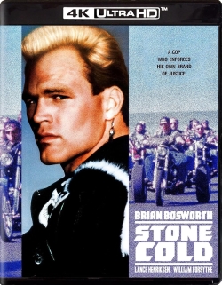 DVD cover for the movie 'Stone Cold' featuring a muscular man with blonde hair looking confidently at the camera, with a motorcycle gang in the background.