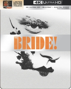 A limited edition steelbook cover for the movie 'The Bride!' featuring a stylized image of a face with a dramatic gaze and artistic splashes of black. The title 'THE BRIDE!' is prominently displayed in bold orange letters.