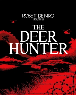 A movie poster for 'The Deer Hunter' featuring a landscape with barbed wire and helicopters, primarily in black and red tones, with the text 'ROBERT DE NIRO' and the movie title prominently displayed.