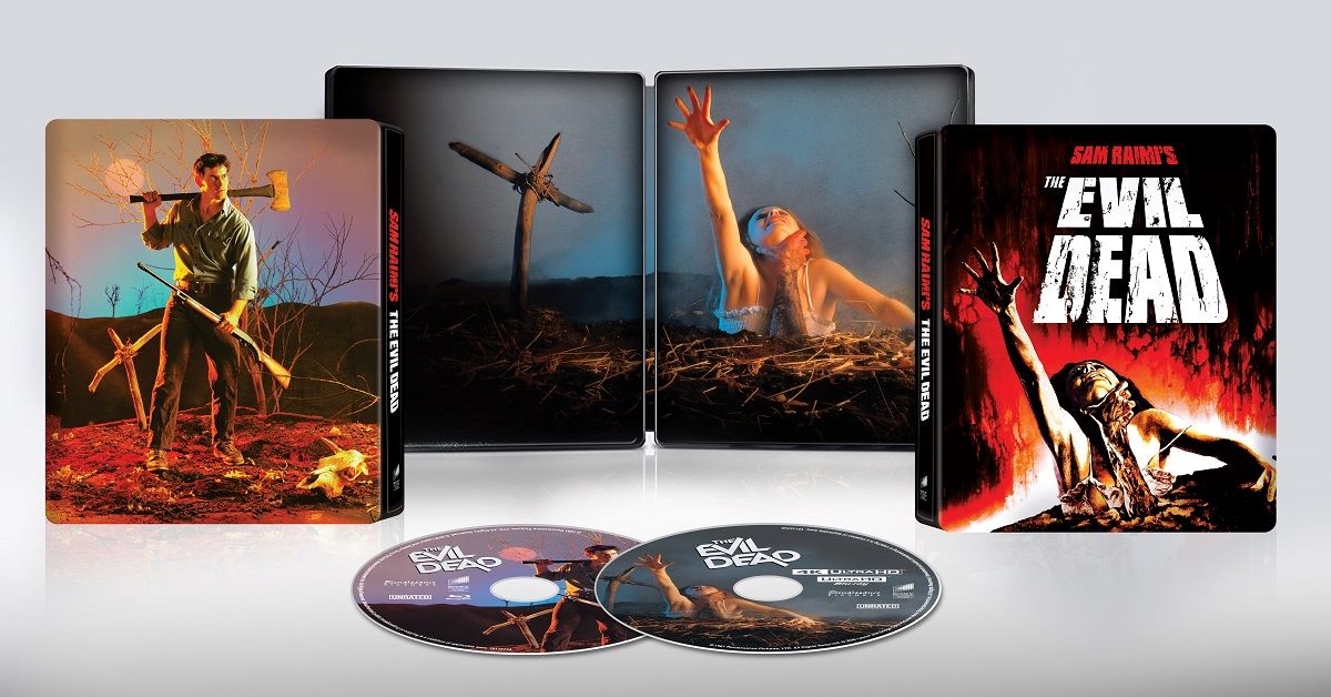 Limited edition steelbook of Sam Raimi's The Evil Dead featuring the main character holding an axe, with two discs included and striking artwork of characters from the film.