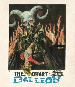 A vintage movie poster for 'The Ghost Galleon', featuring a skeletal face with horns looming over a group of cloaked figures amidst flames, with a woman in a revealing outfit being held by one figure.