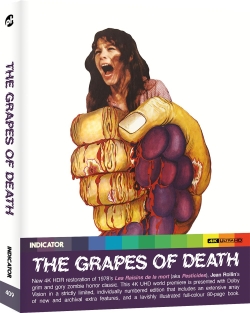 Cover art of the film 'The Grapes of Death', featuring a woman screaming and a large, exaggerated hand gripping purple grapes, with colorful text and branding details.