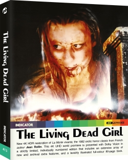 Cover art for 'The Living Dead Girl' featuring a woman with pale skin and long hair, looking intense with blood on her lips, set against a dark background.