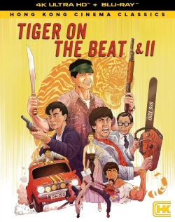 Cover art for the 4K Ultra HD and Blu-ray edition of 'Tiger on the Beat & II', featuring stylized illustrations of characters with weapons and a dynamic background.