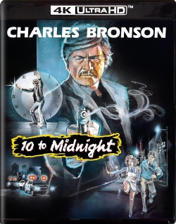 Cover art for the movie '10 to Midnight' featuring Charles Bronson, showcasing an illustrated depiction of the actor with a gun, surrounded by a clock and scenes of crime.