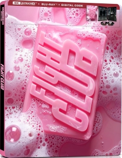 Blu-ray cover of 'Fight Club' featuring a pink design with the title embossed, surrounded by bubbles.