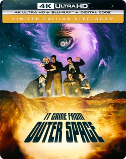 Cover art for the limited edition steelbook of the movie 'It Came From Outer Space', featuring a group of people in front of a swirling galaxy, with the movie title prominently displayed at the bottom.