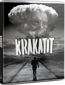 A DVD cover for the film 'Krakatit' featuring a man walking on a road, with a large cloud formation resembling a face in the background.