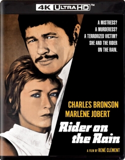 Cover art for the movie 'Rider on the Rain' featuring a man and a woman, with the title and cast names prominently displayed.