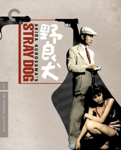Movie poster for Akira Kurosawa's 'Stray Dog' featuring a suited man holding a gun and a woman in a dress, with bold red and white text.