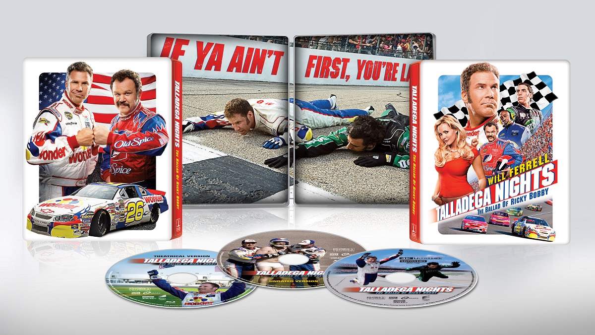 DVD cover and discs for 'Talladega Nights: The Ballad of Ricky Bobby' featuring Will Ferrell and John C. Reilly, with images of race cars and scenes from the movie.