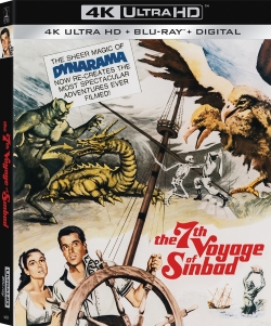 Cover of the 4K Ultra HD Blu-ray of 'The 7th Voyage of Sinbad,' featuring Sinbad, a woman, and various mythical creatures like a dragon and a giant bird.