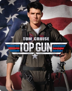 Promotional image of a military pilot in a flight suit with an American flag background, featuring the title 'Top Gun' and actor's name 'Tom Cruise'.